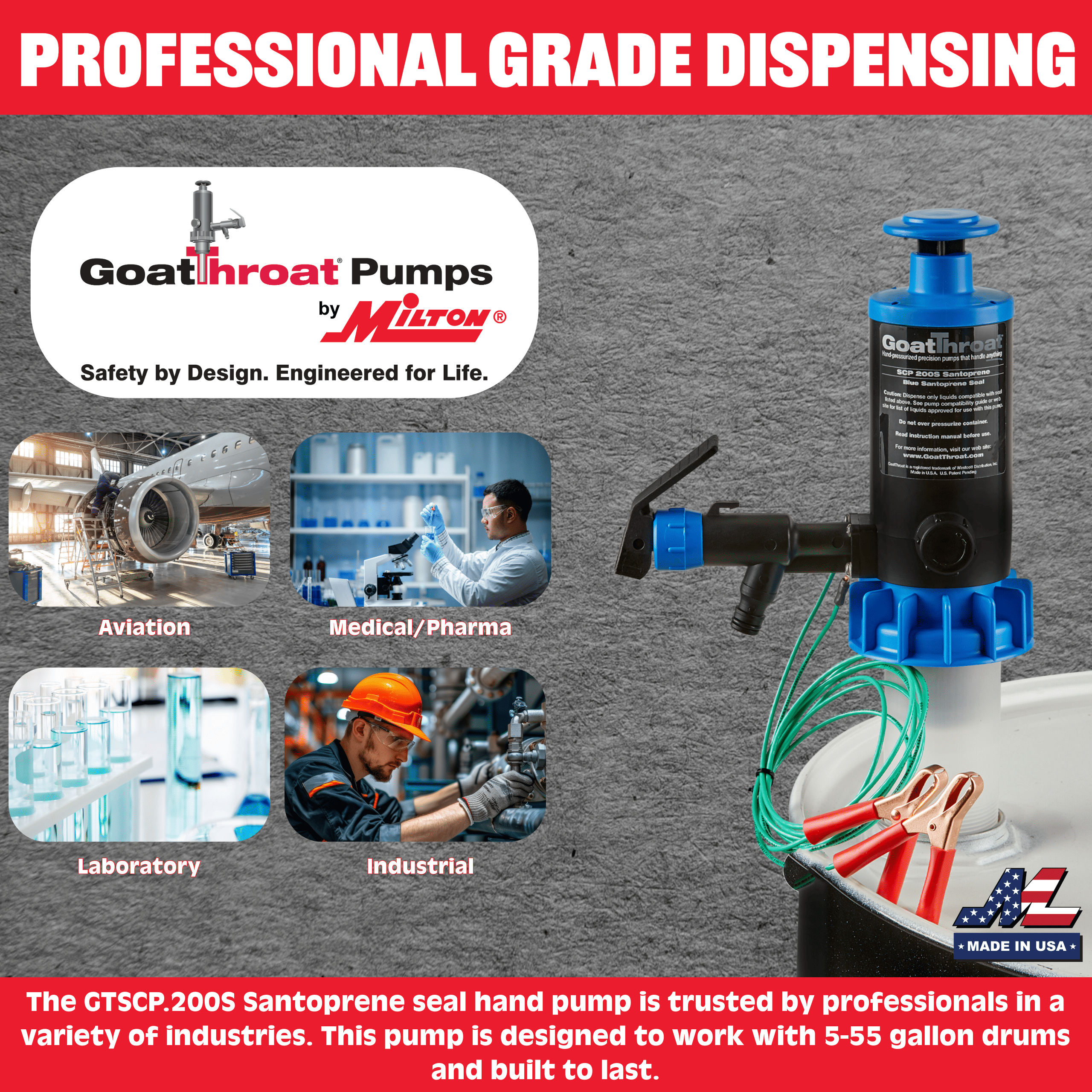 Groundable Drum Pump for Flammable, Santoprene Seals-Goat Pumps