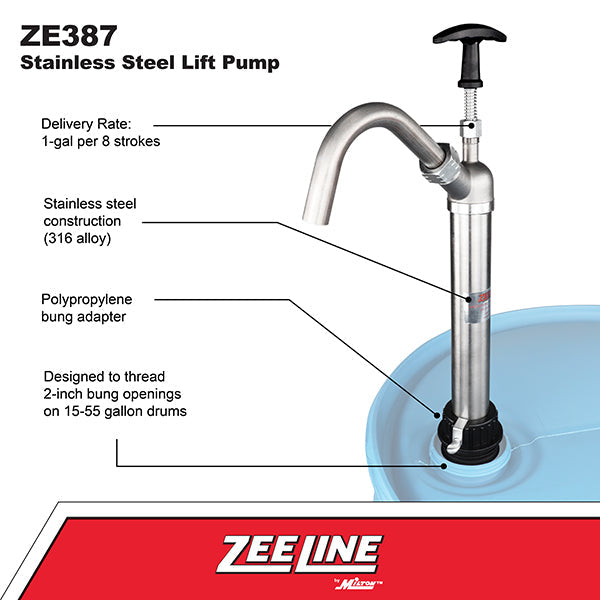 ZE387 - SS Lift Pump For 15-55 Gal. Drum with PTFE Seals-Zeeline by Milton®