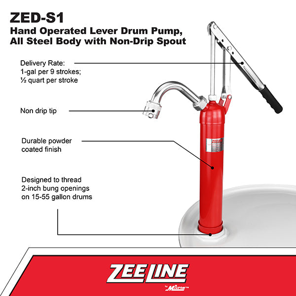 ZED-S1 - Hand Operated Lever Drum Pump, All Steel Body with Non-Drip Spout (1 Gallon Per 9 Strokes)-Zeeline by Milton®