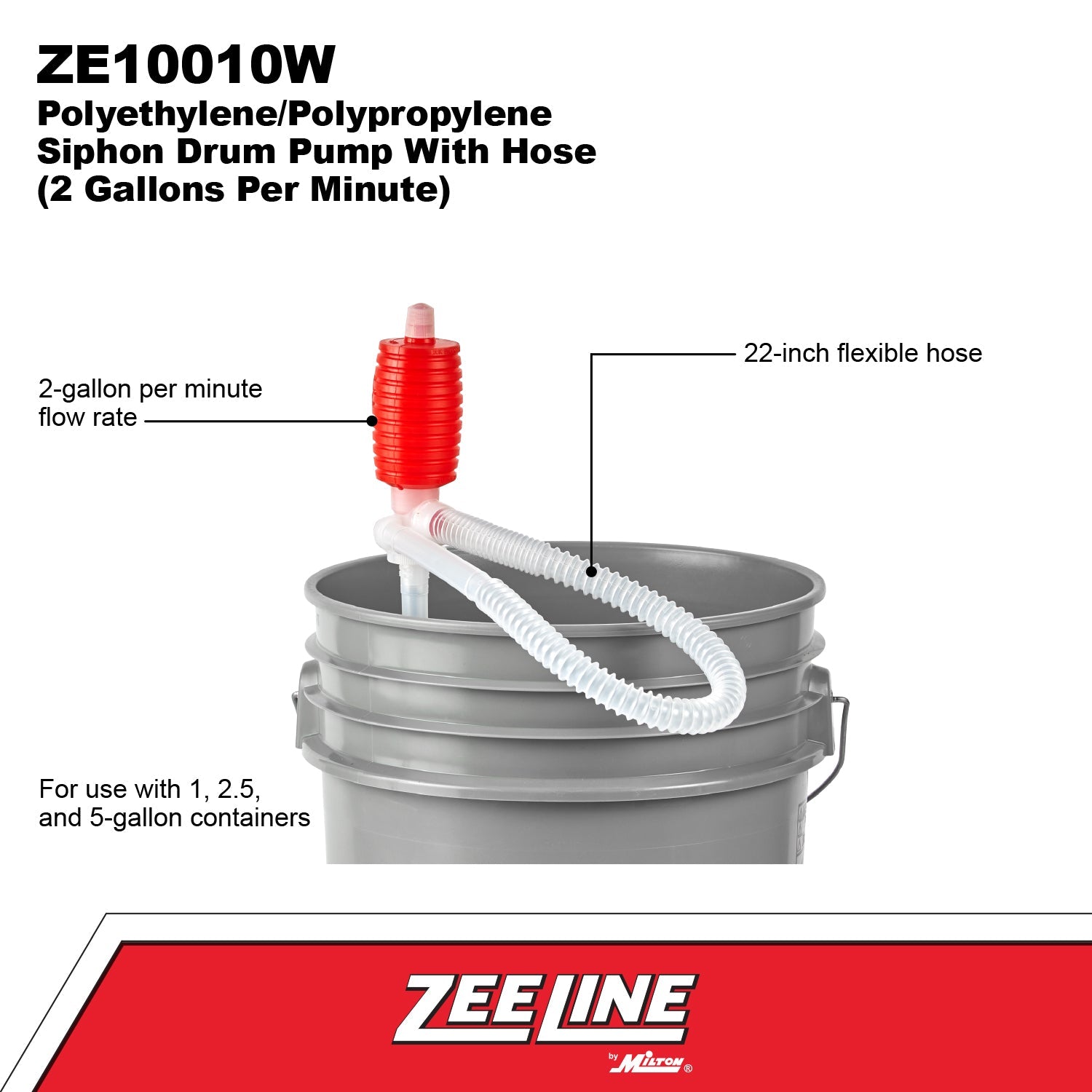 ZE10010W - Polyethylene/Polypropylene Siphon Drum Pump with Hose (2 Gallons Per Minute)-Zeeline by Milton®