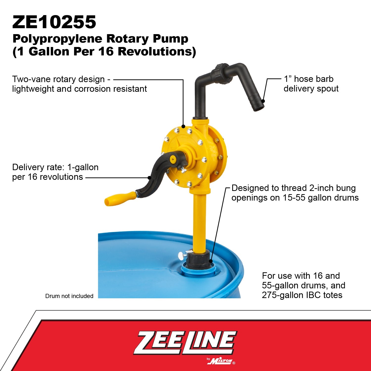 ZE10255 - Polypropylene Rotary Drum Pump for DEF & Chemical Fluids – 1 Gallon per 16 Revolutions-Zeeline by Milton®