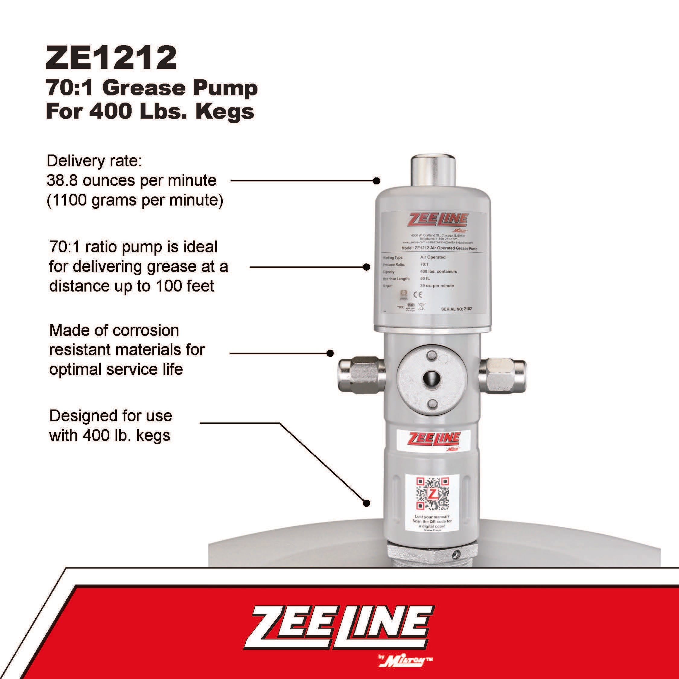 ZE1212 – 70:1 Grease Pump for 400 Lbs. Kegs-Zeeline by Milton®