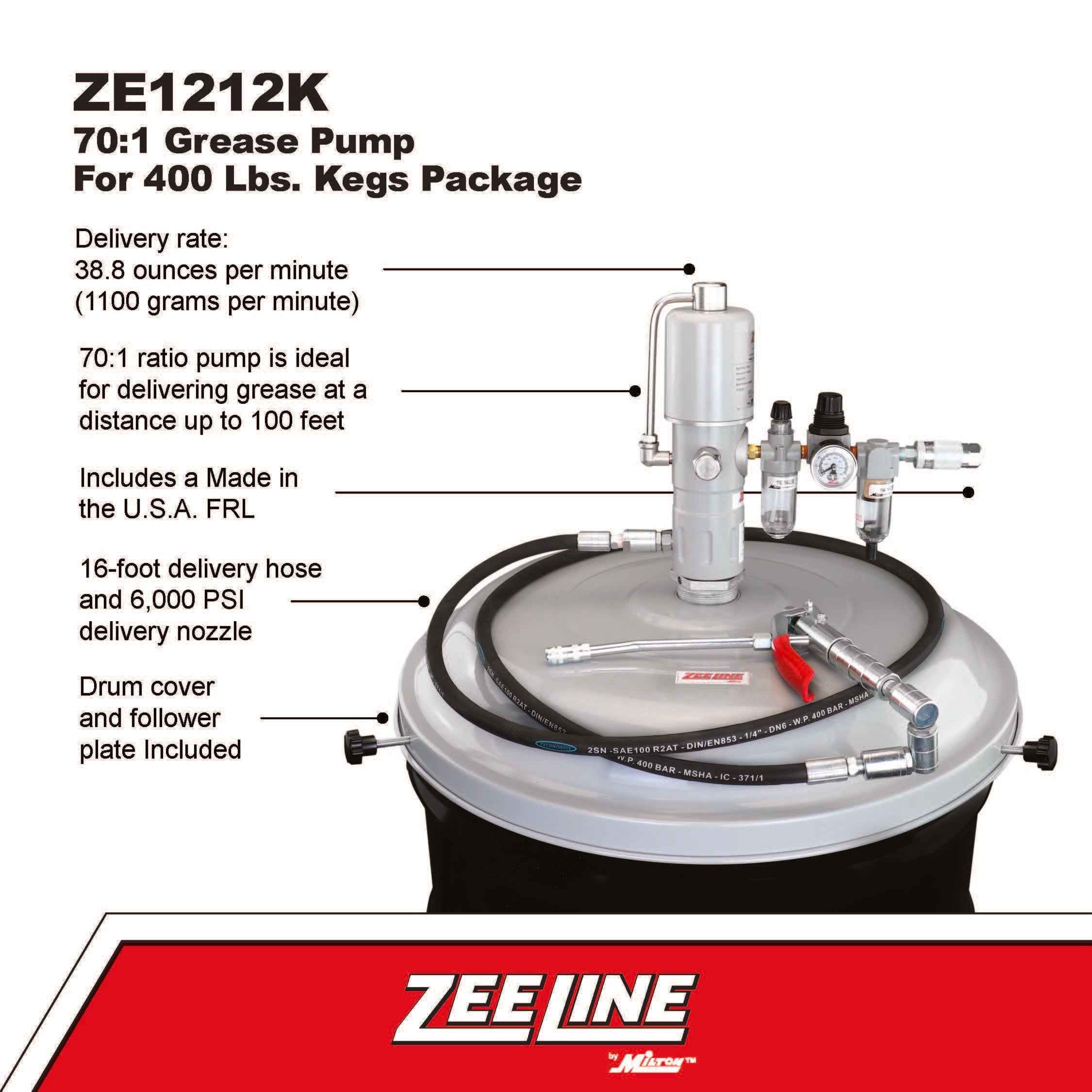 ZE1212K – 70:1 Grease Pump for 400 Lbs. Kegs Package-Zeeline by Milton®