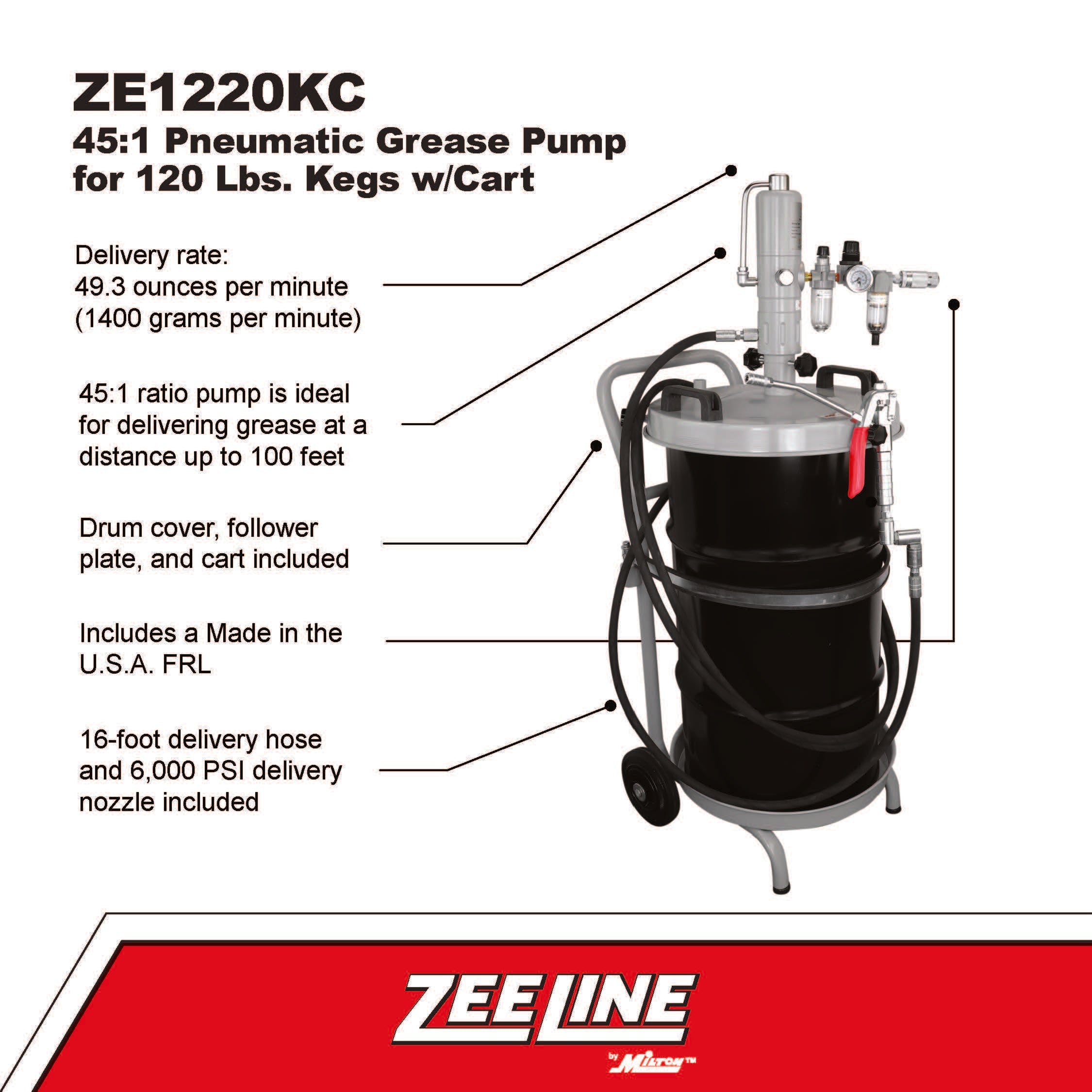 ZE1220KC – 45:1 Grease Pump for 120 Lbs. Kegs Package w/Cart-Zeeline by Milton®