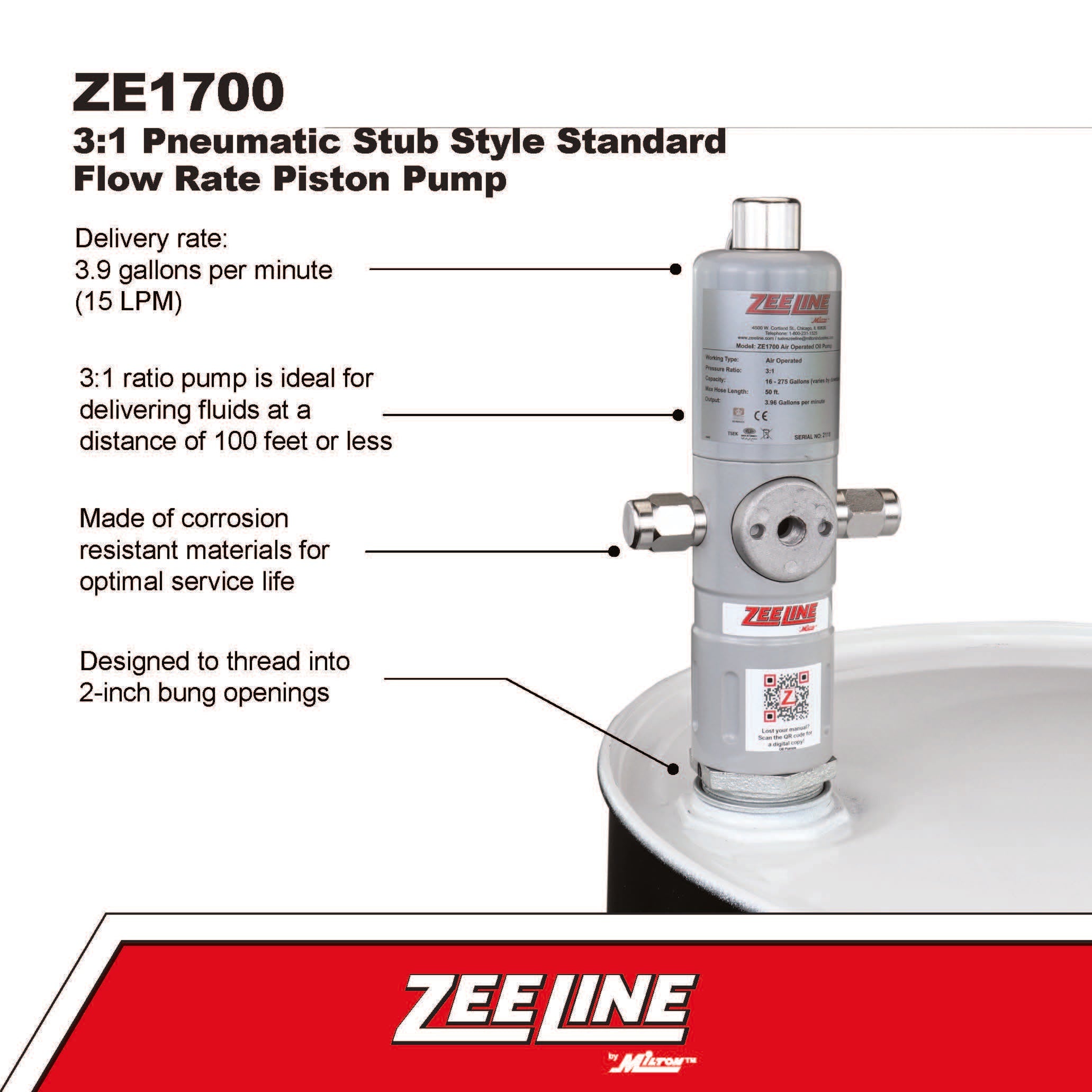 ZE1700 – 3:1 Pneumatic Stub Style Standard Flow Rate Piston Pump-Zeeline by Milton®