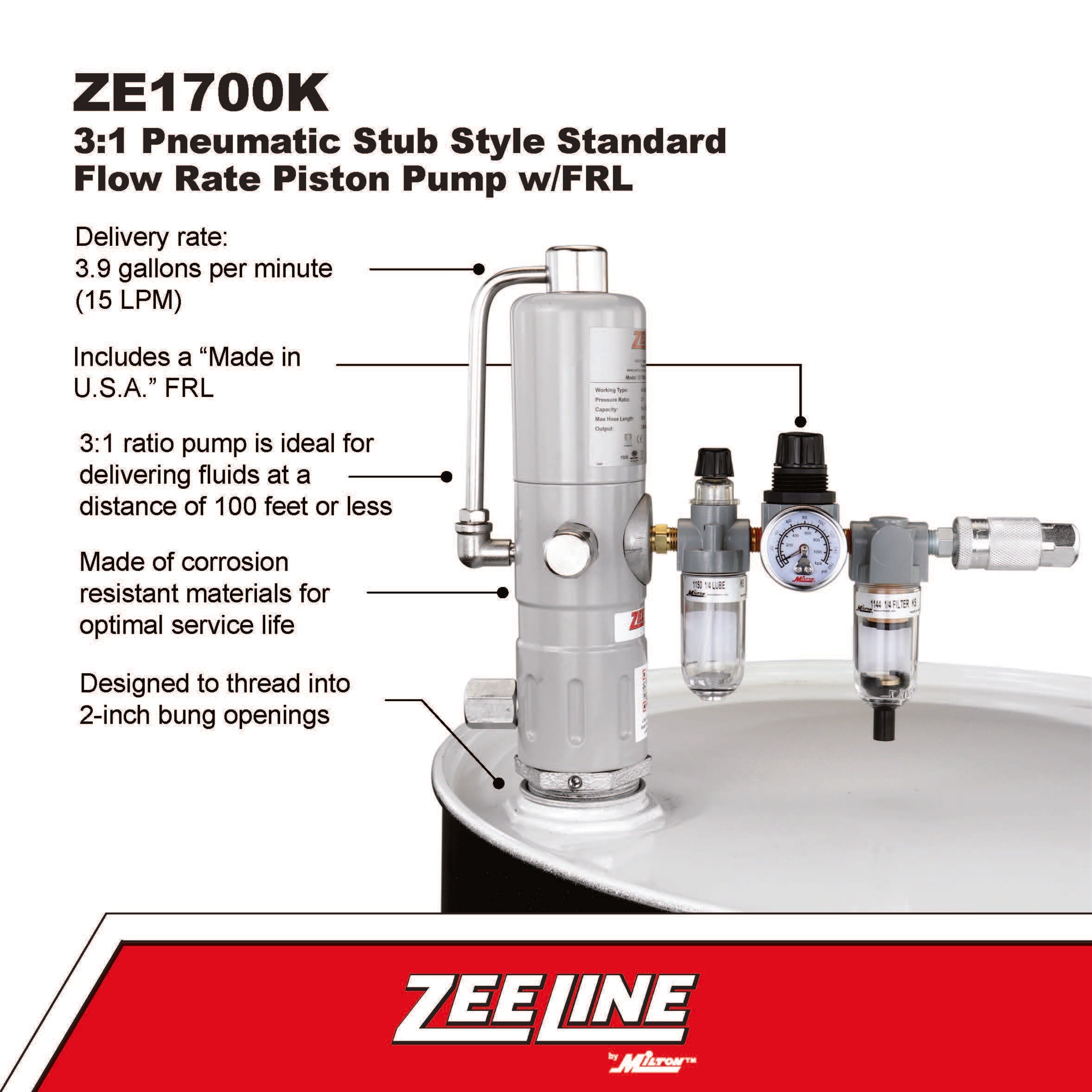 ZE1700K – 3:1 Pneumatic Stub Style Standard Flow Rate Piston Pump with FRL-Zeeline by Milton®