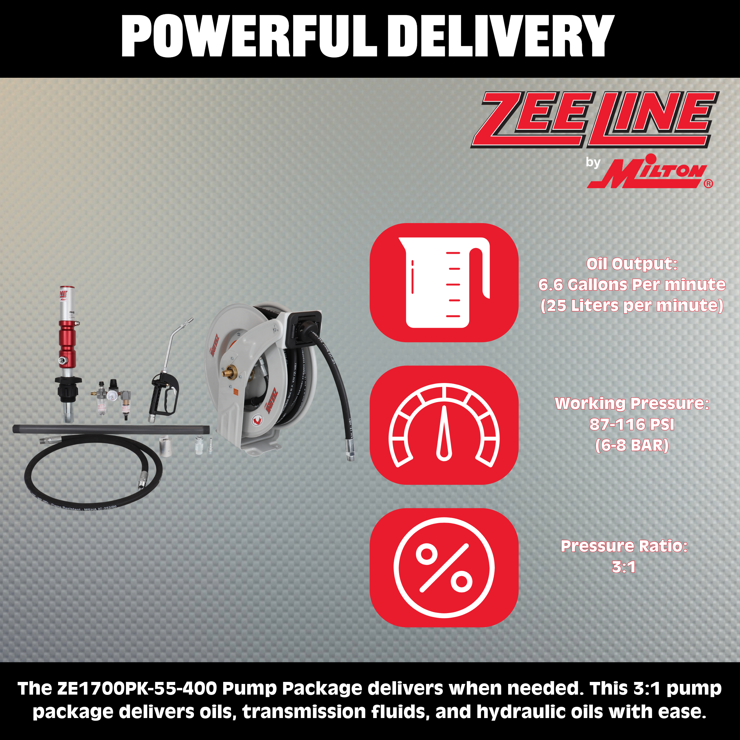 ZE1700PK-55-400 – 3:1 Premium Series Pump Kit 55-Gal w/reel & nozzle-Zeeline by Milton®
