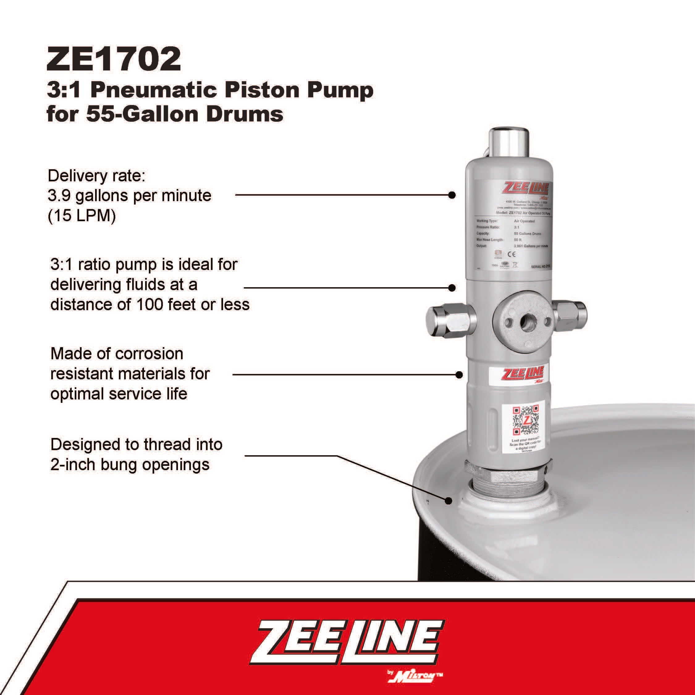 ZE1702 – 3:1 Pneumatic Piston Pump for 55-Gallon Drums-Zeeline by Milton®