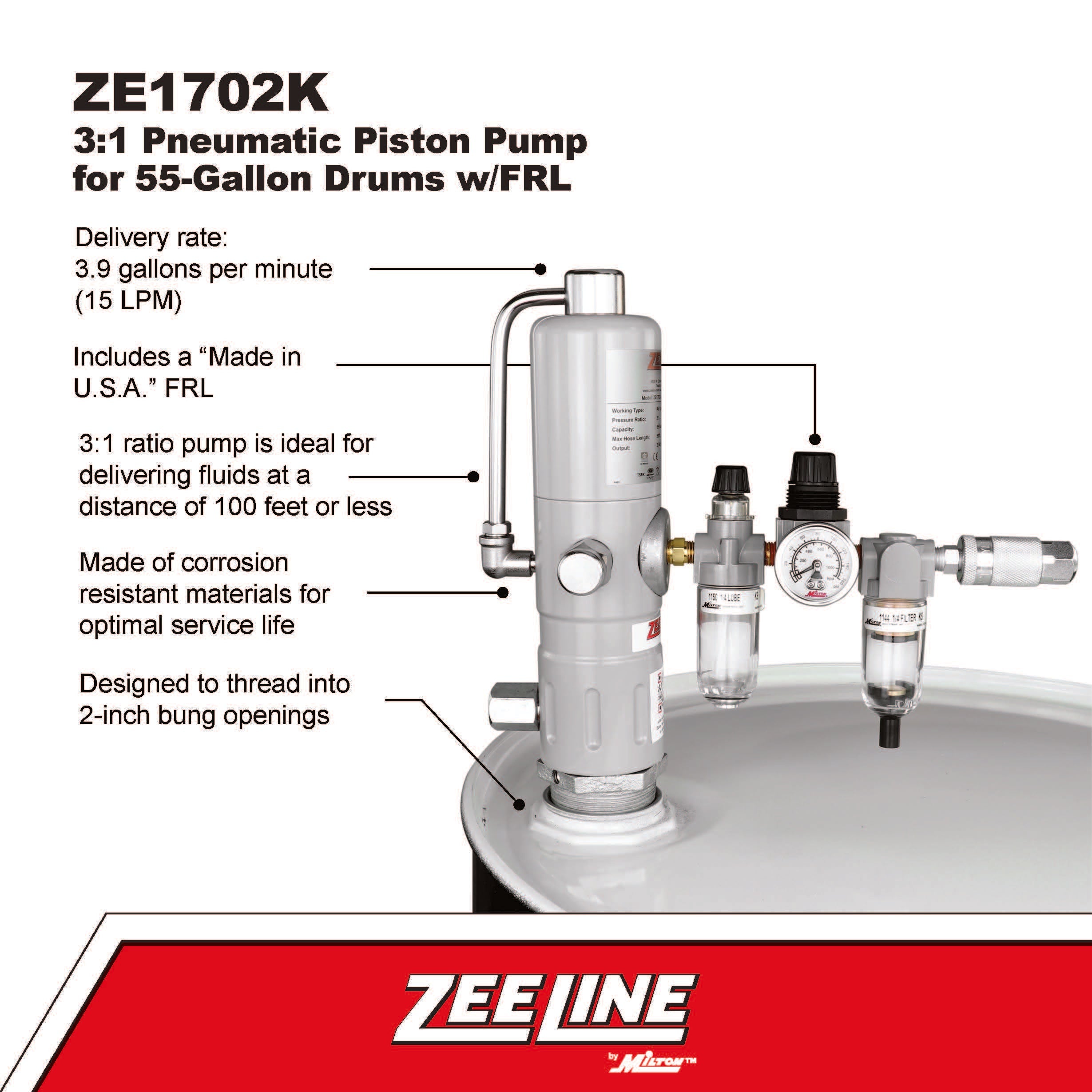 ZE1702K – 3:1 Pneumatic Piston Pump for 55-Gallon Drums w/FRL-Zeeline by Milton®