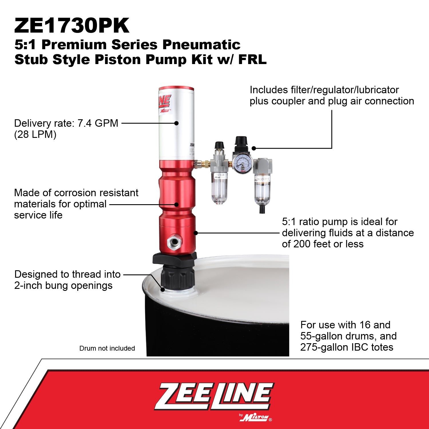 ZE1730PK - 5:1 Pneumatic Stub Style Premium Series Piston Pump Kit-Zeeline by Milton®