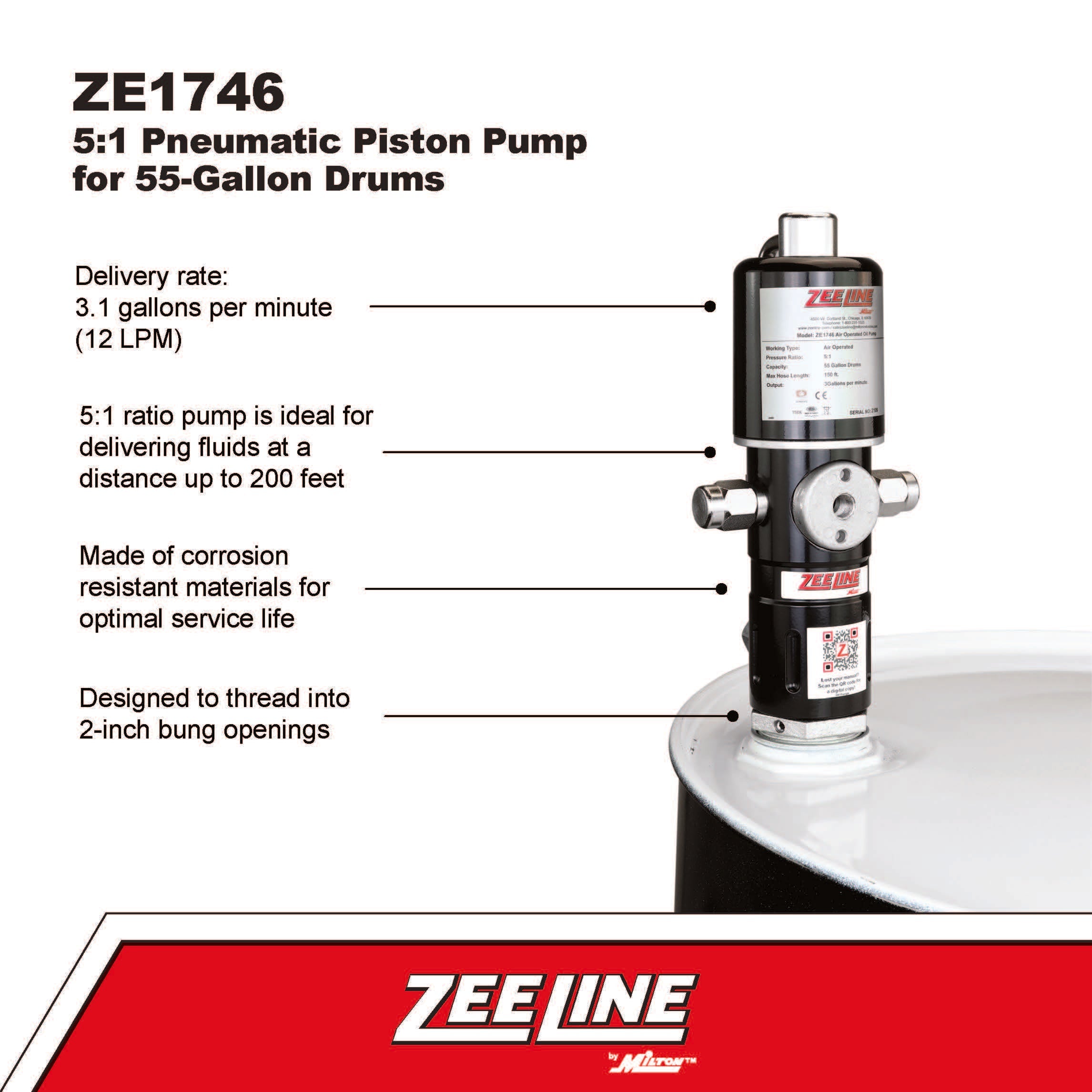 ZE1746 – 5:1 Pneumatic Piston Pump for 55-Gallon Drums-Zeeline by Milton®