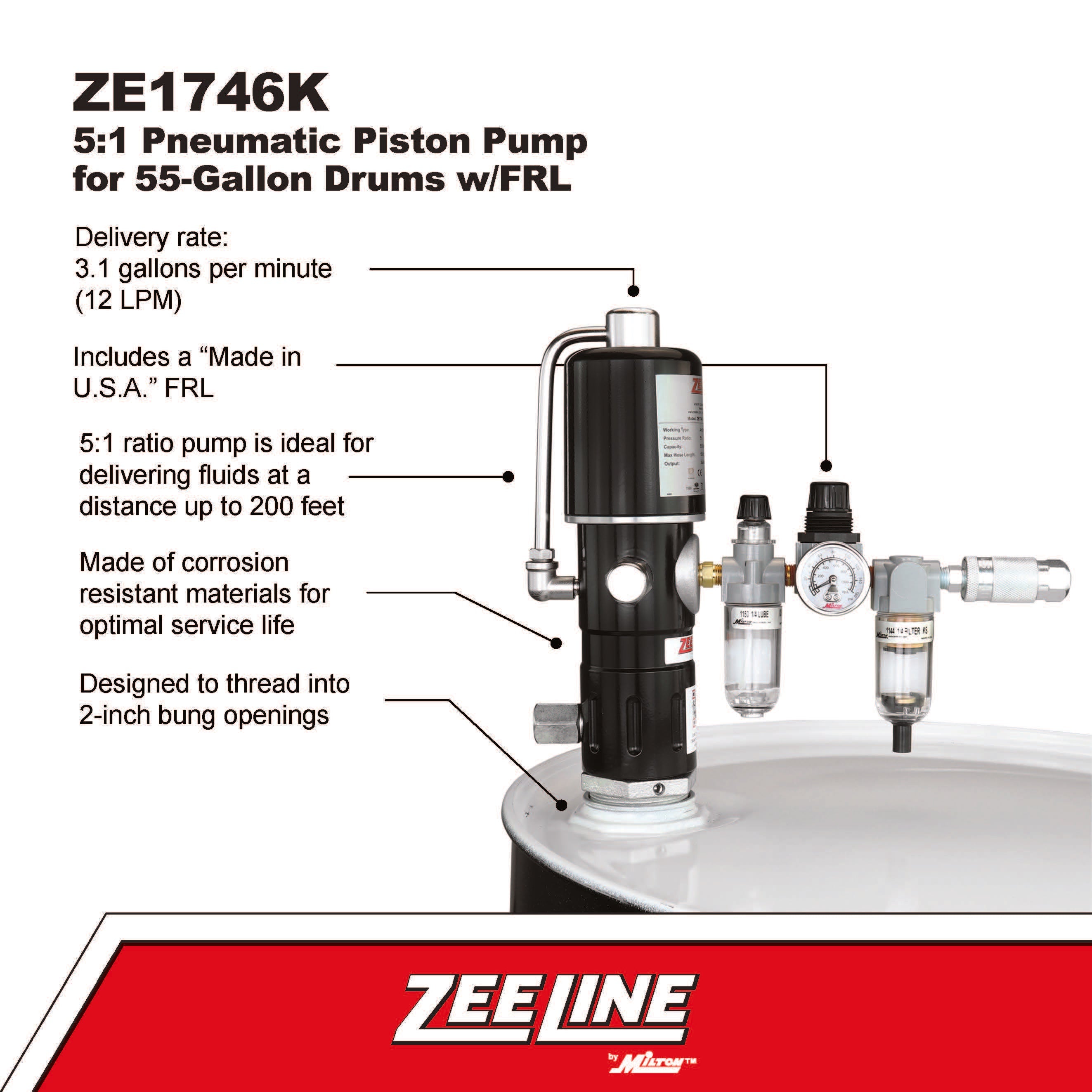ZE1746K – 5:1 Pneumatic Piston Pump for 55-Gallon Drums w/FRL-Zeeline by Milton®