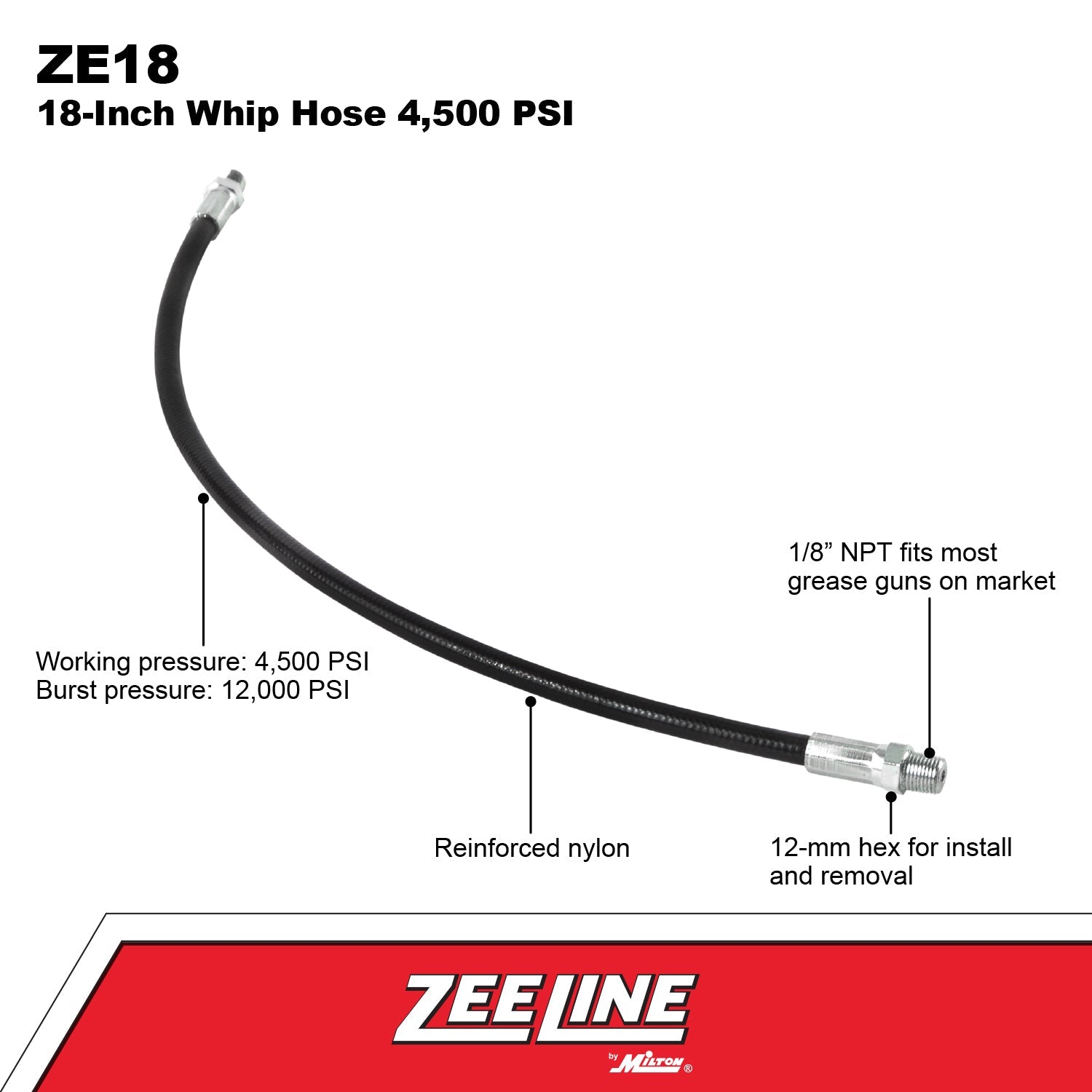 ZE18 - 18 inch Whip Hose 4,500 PSI-Zeeline by Milton®