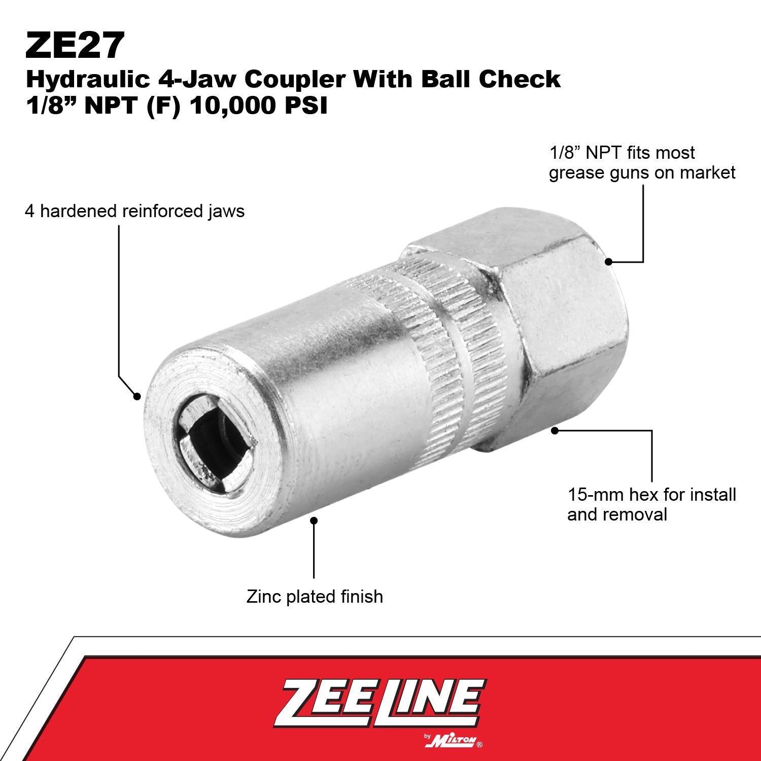 ZE27W - Hydraulic 4-Jaw Coupler with Ball Check 1/8” NPT (F) 10,000 PSI-Zeeline by Milton®