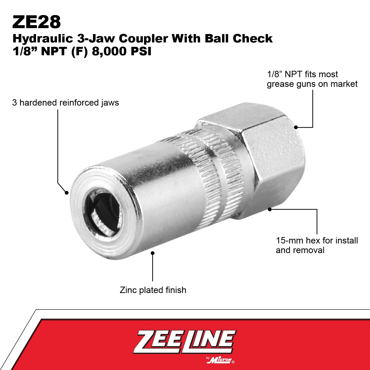 ZE28W - Hydraulic 3-Jaw Coupler with Ball Check 1/8” NPT (F) 8,000 PSI-Zeeline by Milton®