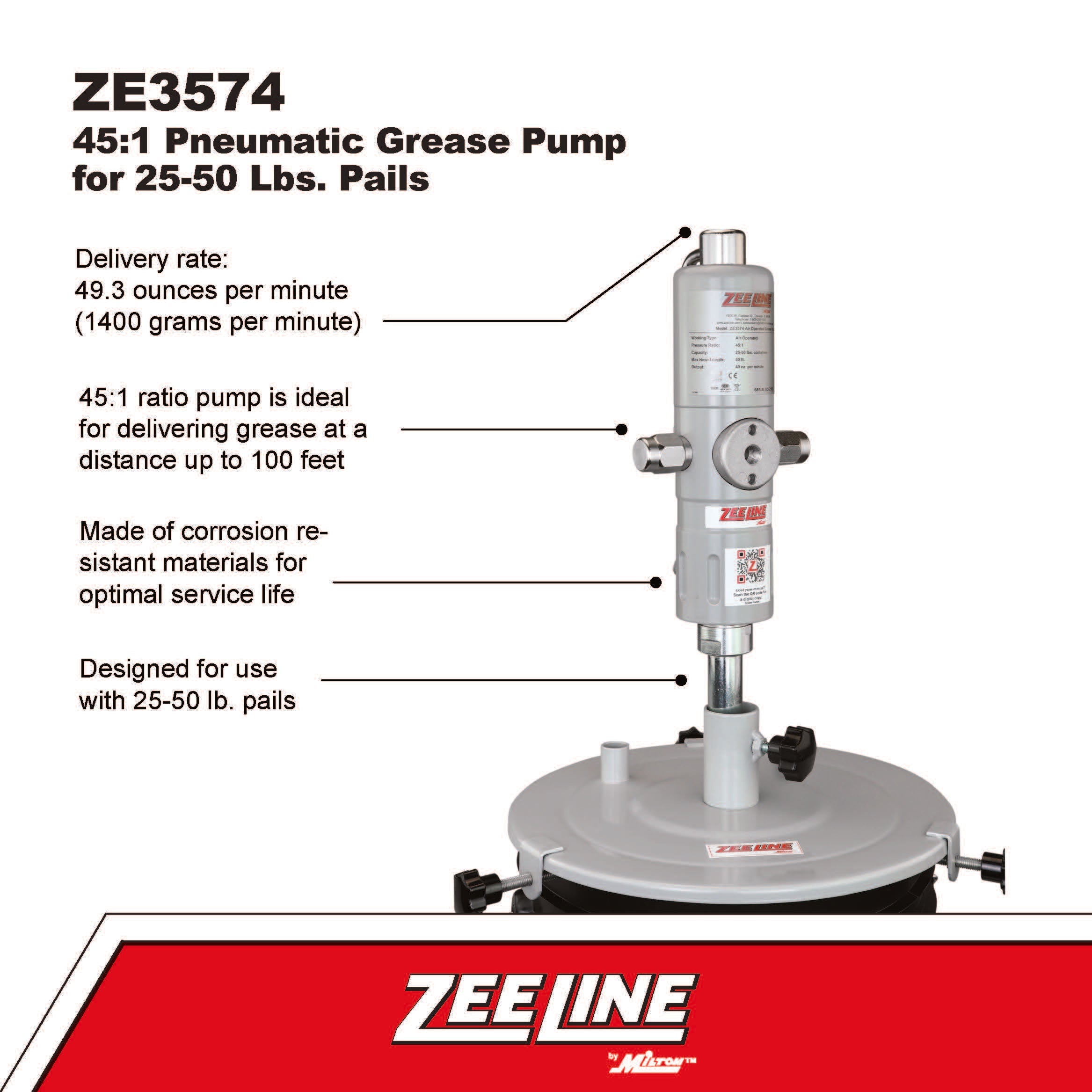 ZE3574 – 45:1 Grease Pump for 25-50 Lbs. Pails-Zeeline by Milton®