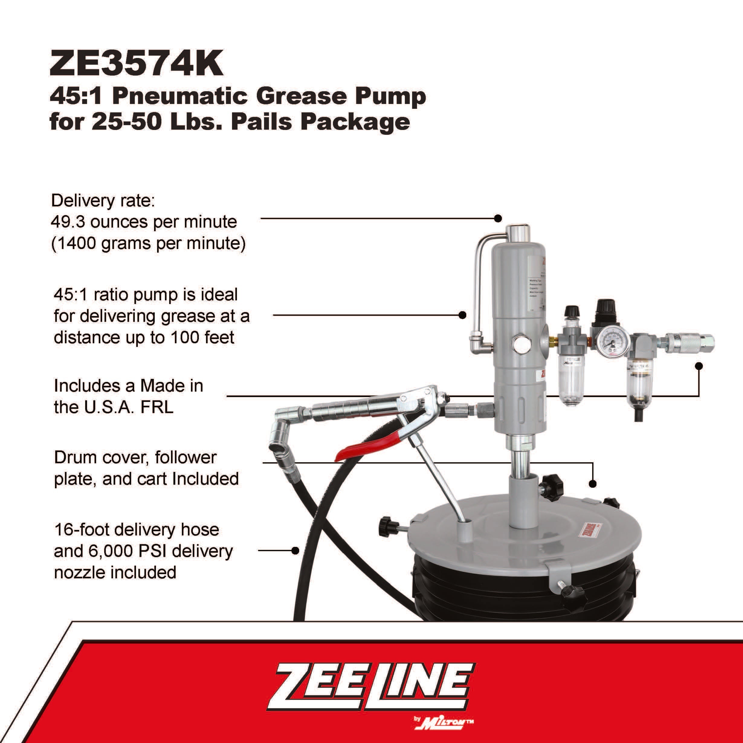 ZE3574K – 45:1 Grease Pump for 25-50 Lbs. Pails Package-Zeeline by Milton®