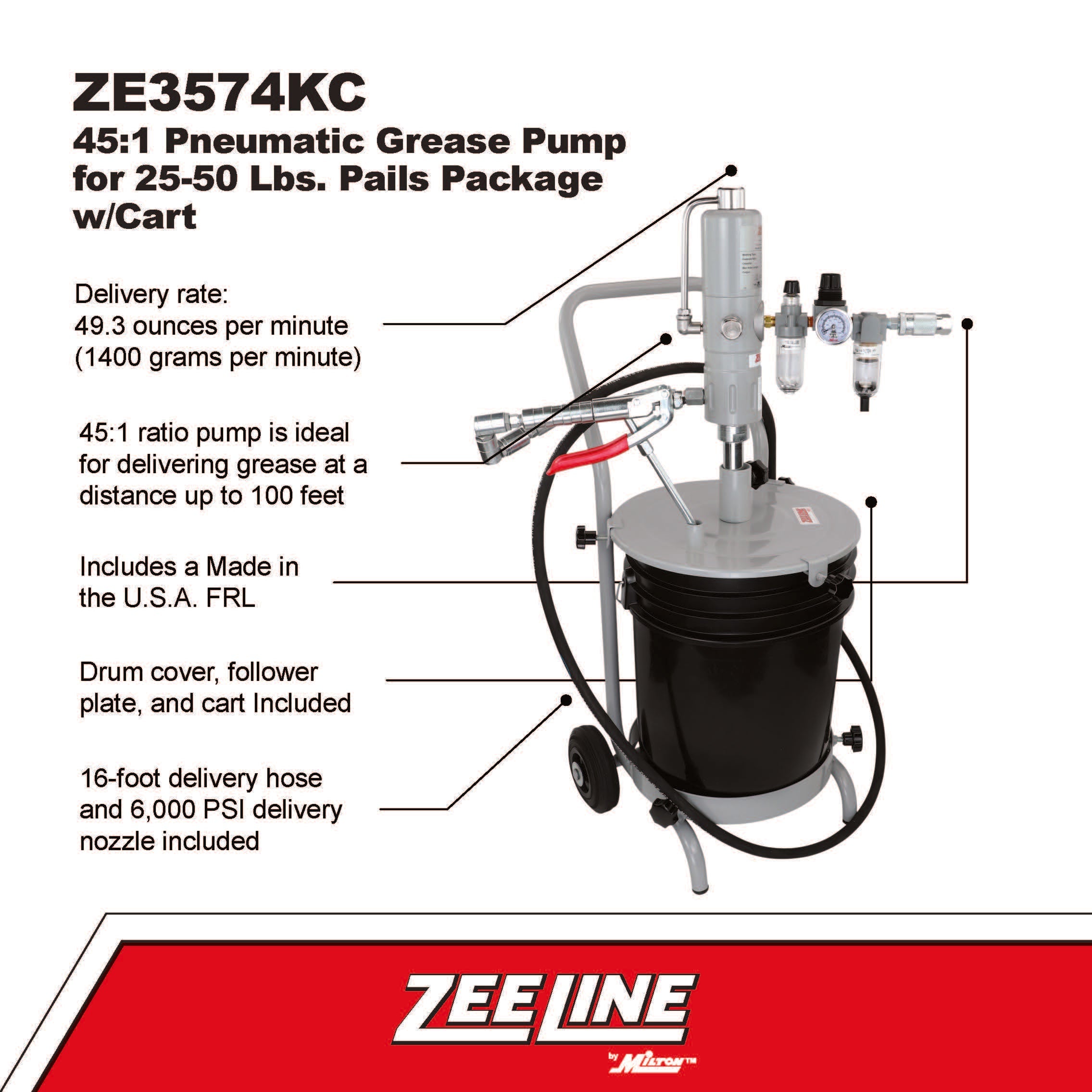 ZE3574KC – 45:1 Grease Pump for 25-50 Lbs. Pails Package w/Cart-Zeeline by Milton®