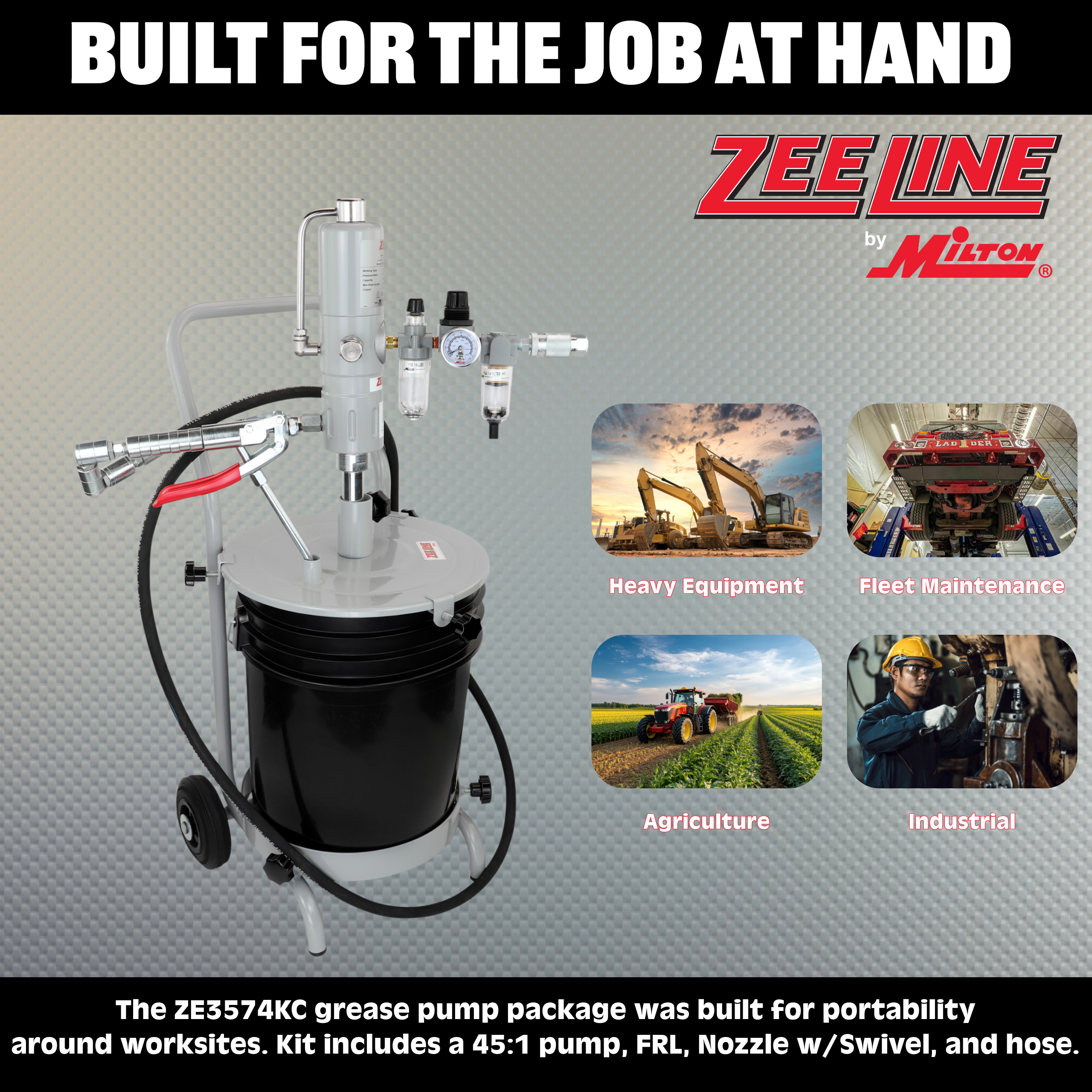 ZE3574KC – 45:1 Grease Pump for 25-50 Lbs. Pails Package w/Cart-Zeeline by Milton®