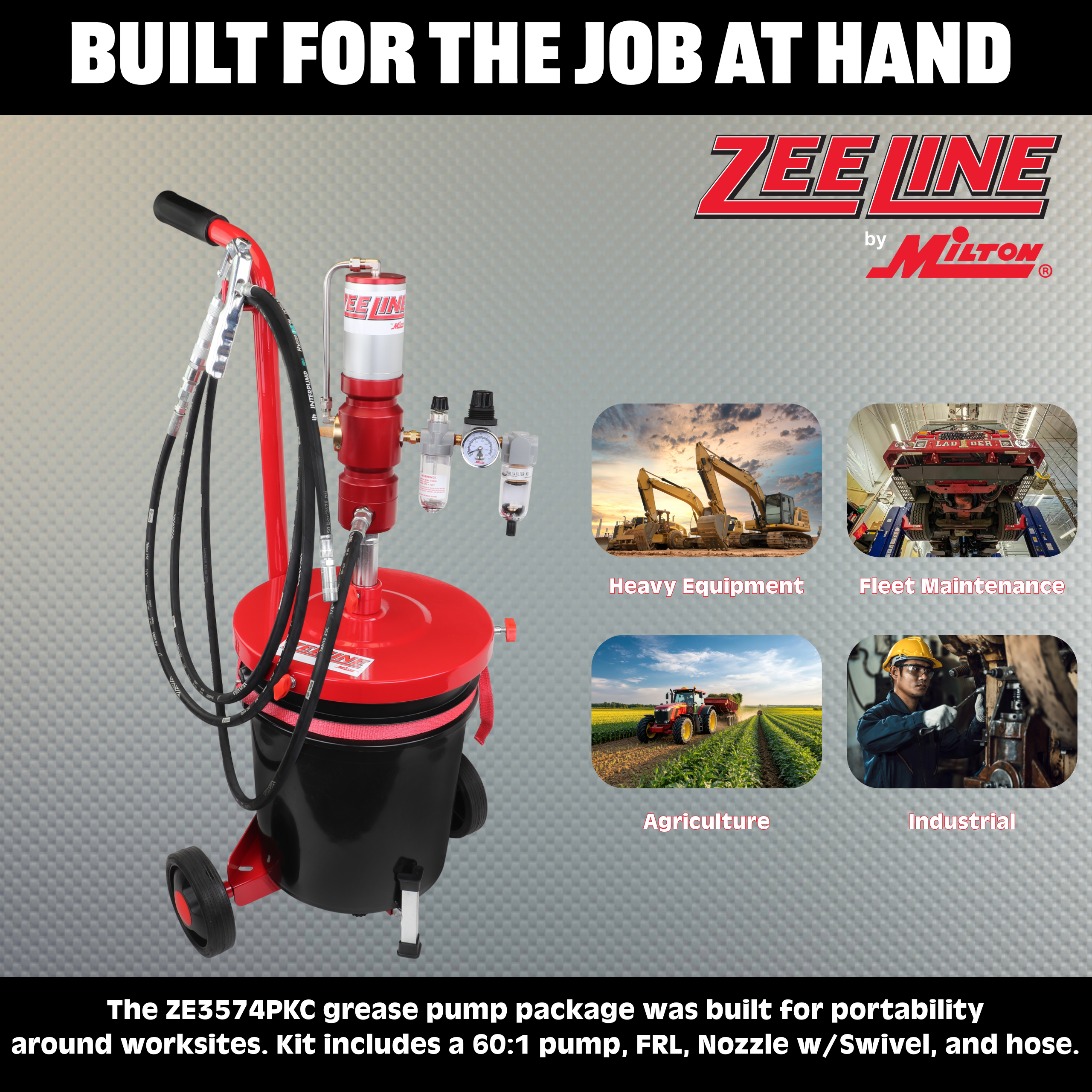 ZE3574PKC – 60:1 Premium Grease Pump for 25-50 Lbs. Pails Package w/Cart-Zeeline by Milton®