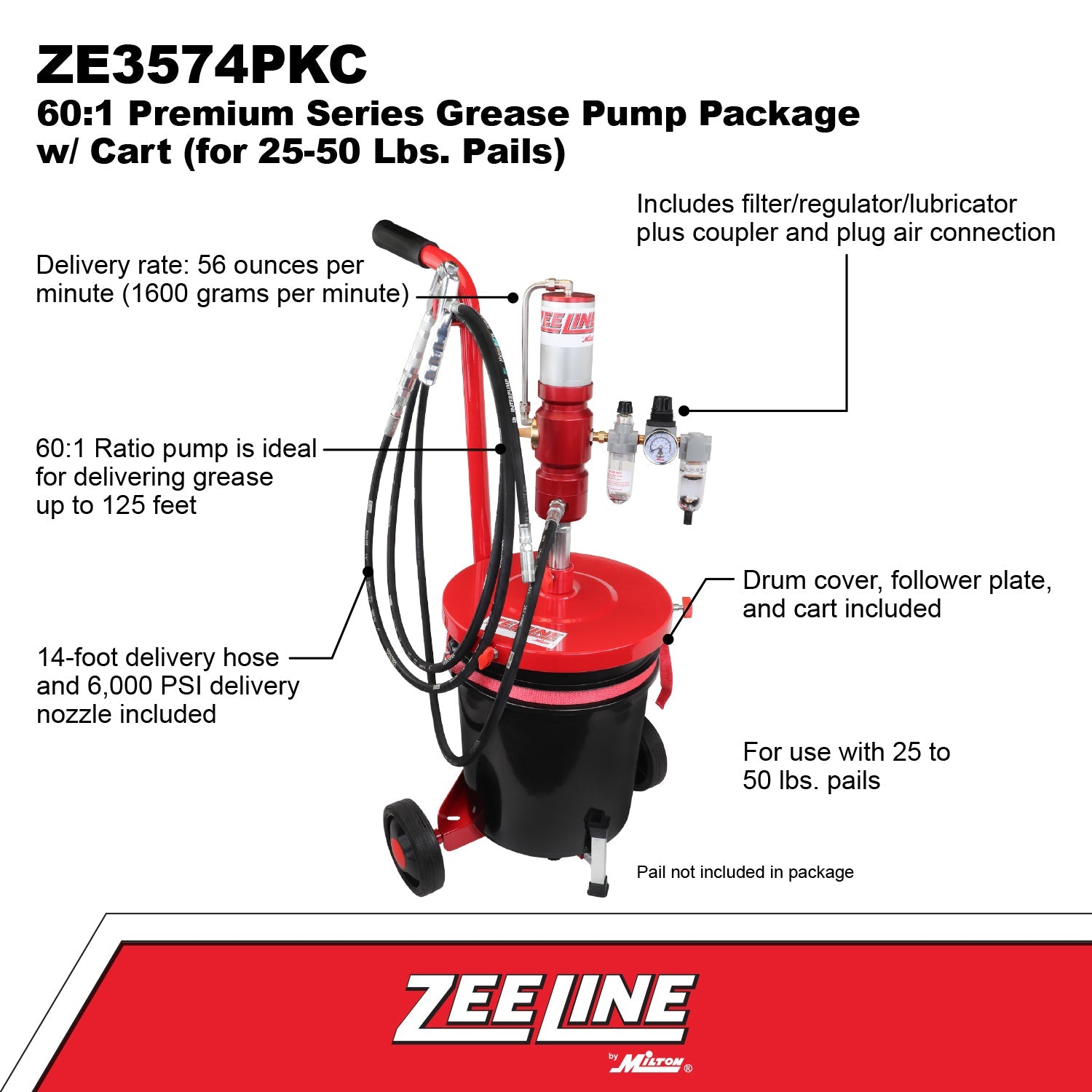 ZE3574PKC – 60:1 Premium Grease Pump for 25-50 Lbs. Pails Package w/Cart-Zeeline by Milton®