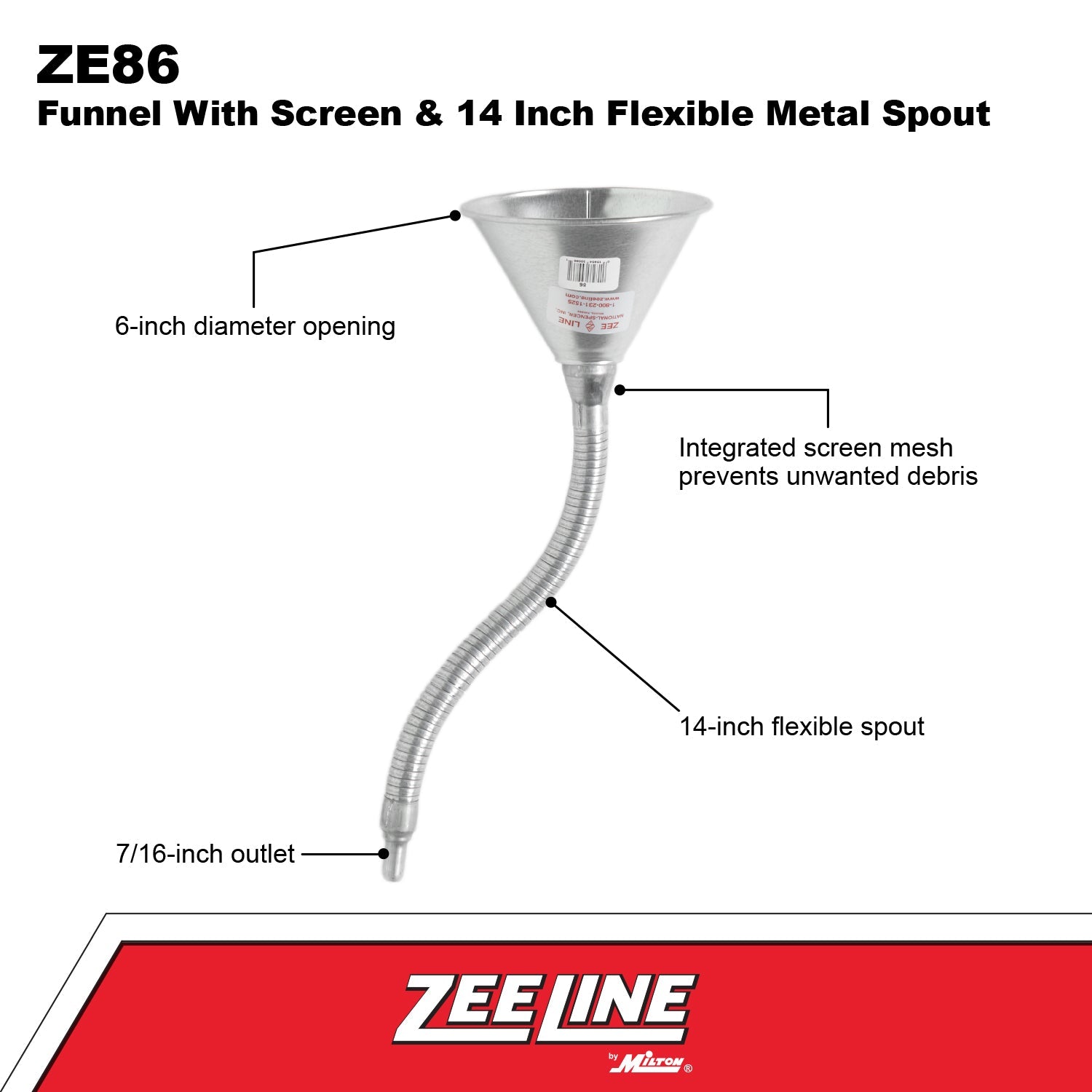 ZE86W - Funnel with Screen & 14 inch Flexible Metal Spout-Zeeline by Milton®