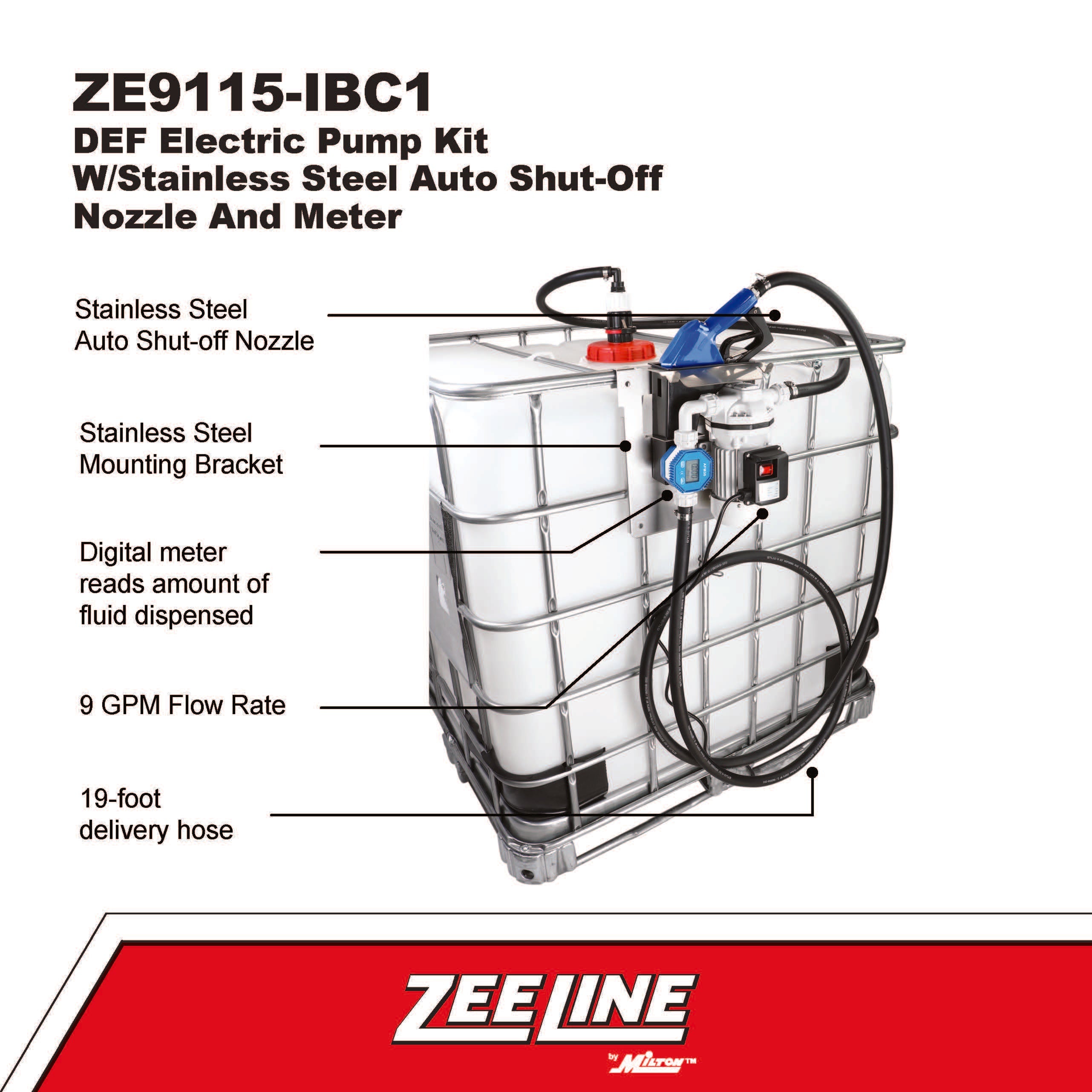 ZE9115-IBC1 - DEF Electric Pump Kit w/Stainless Steel Auto Shut-Off Nozzle and Meter-Zeeline by Milton®