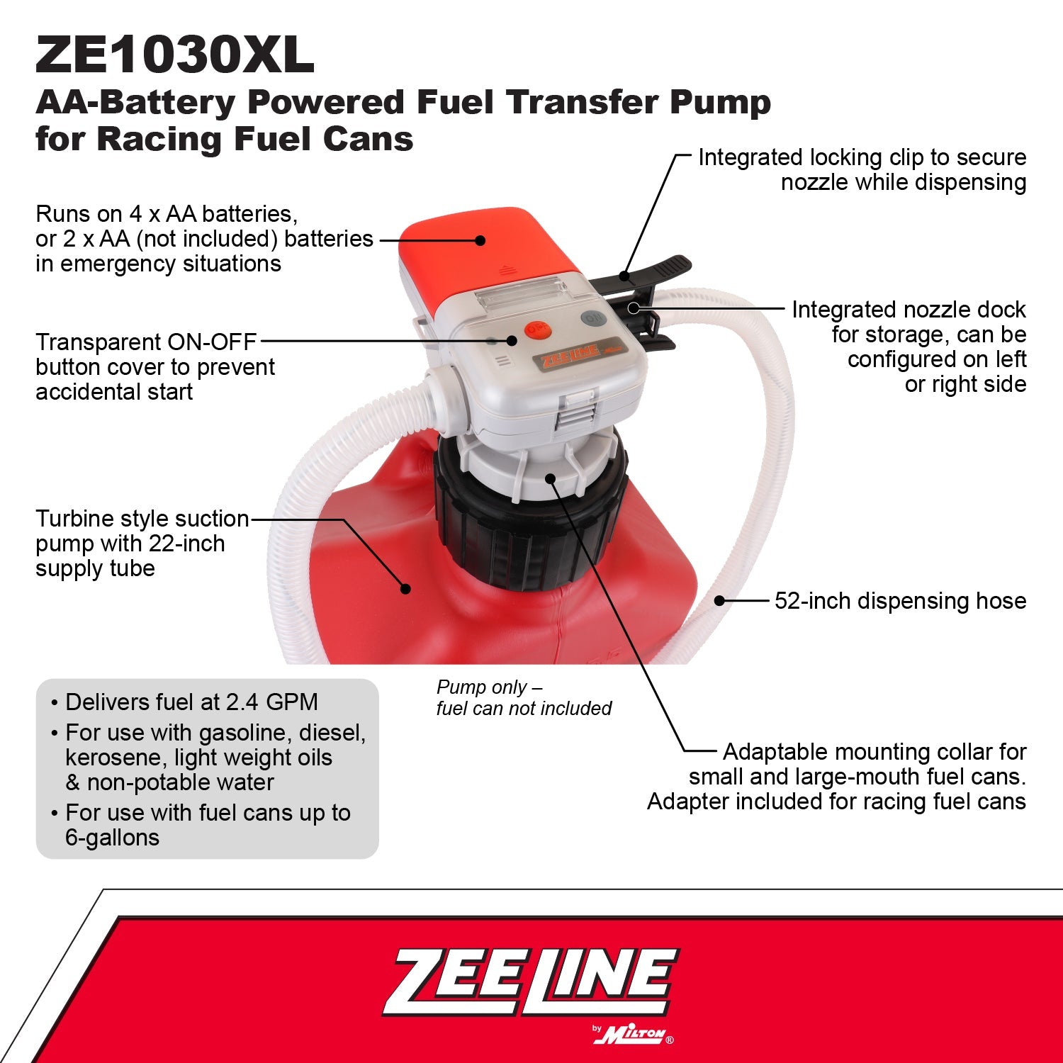 ZE1030XL – AA Battery Powered Fuel Can Transfer Pump for Racing Style Fuel Cans-Zeeline by Milton®